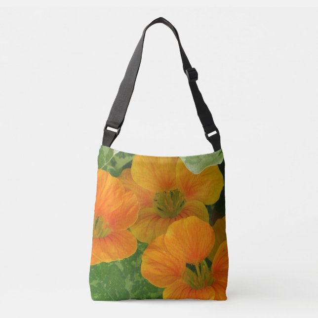 Orange Nasturtium Floral Tragetaschen Mit Langen Trägern (Vorderseite)