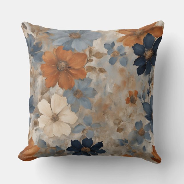 Orange Navy Blue Dusty Blue Rustic Floral Kissen (Vorderseite)
