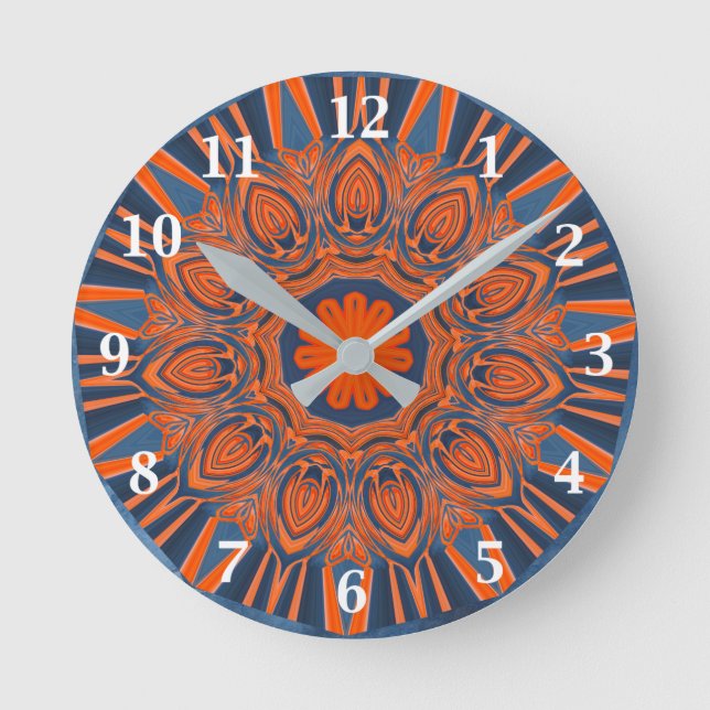 Orange Navy Blue Mandala Runde Wanduhr (Vorderseite)