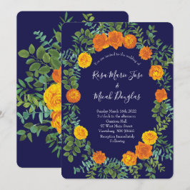 Orange Navy Blue Peony Rose Floral Wedding Einladung