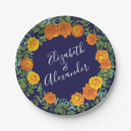 Orange Navy Blue Peony & Rose Floral Wedding Pappteller