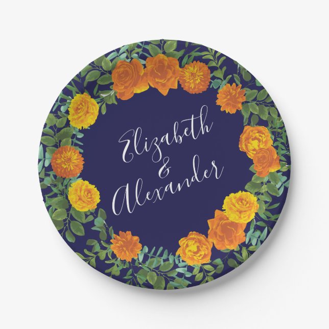 Orange Navy Blue Peony & Rose Floral Wedding Pappteller (Vorderseite)