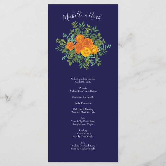 Orange Navy Blue Peony Rose programmes de mariage (Devant)