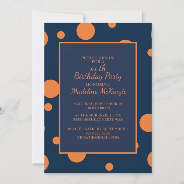 Orange Navy Blue Polka Dot Invitation de fête d'an (Devant)