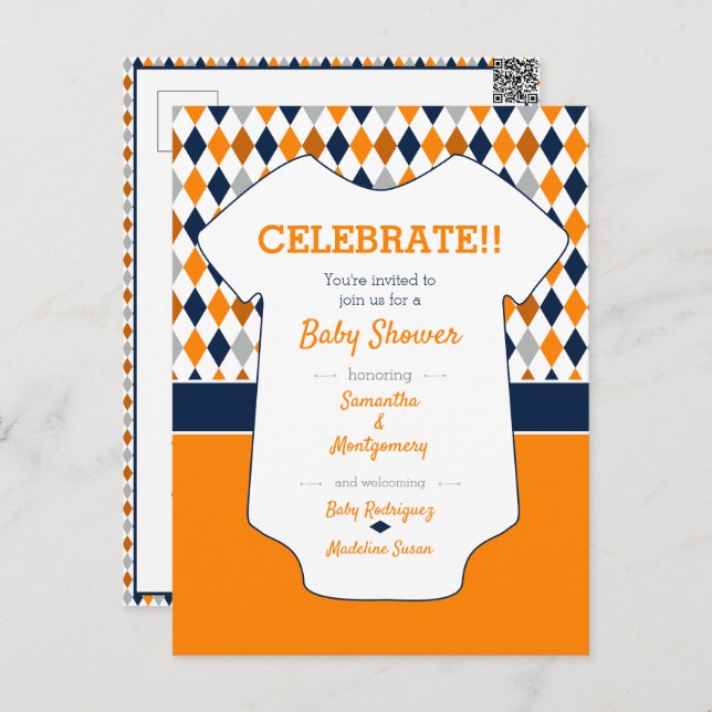 Orange & Navy Blue Raute Pattern Baby Dusche Postkarte (Vorne/Hinten)