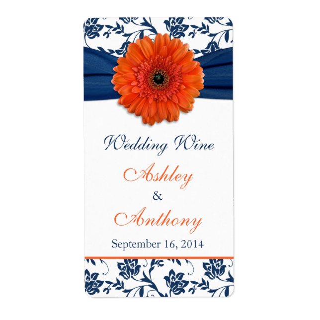 Orange Navy Daisy Wedding Wine Bottle Labels (Vorne)