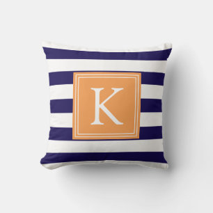 Orange & Navy Monogramm Streifen   Kissenhülle Kissen