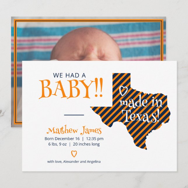 Orange/Navy Striped Made in Texas Foto Baby Ankündigung (Vorne/Hinten)