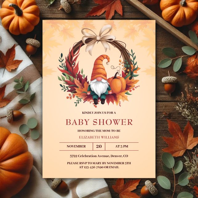Orange Niedlich Gnome Fall Pumpkin Wreath Baby Dus Einladung (Orange Cute Gnome Fall Pumpkin Wreath Baby Shower Invitation)