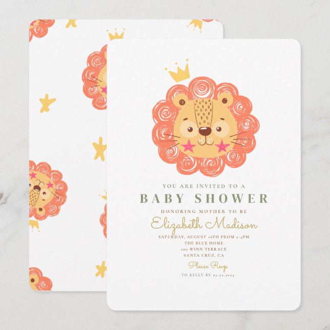 Orange Niedlich Lion King Baby Dusche Einladung (Vorne/Hinten)