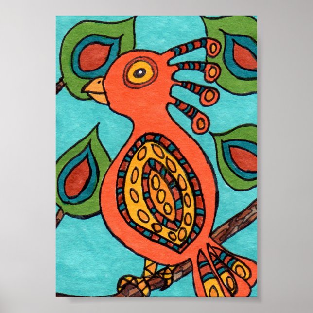 Orange Oaxacan Bird Mini Folk Art Poster (Vorne)