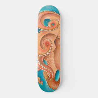 Orange Octopus Aquamarin Wasserfarbe Skateboard