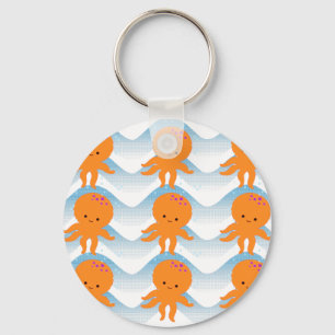 Orange Oktopus und blaues Wellenmuster Schlüsselanhänger