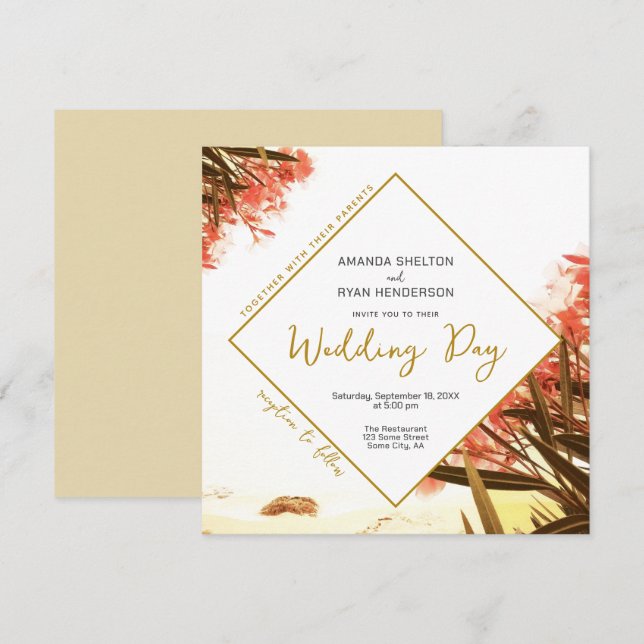 Orange Oleander auf der Hochzeit der Beach Floral Einladung (Vorne/Hinten)