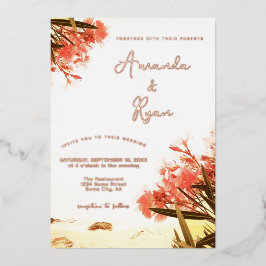 Orange Oleander Blume am Strand Hochzeit Folieneinladung