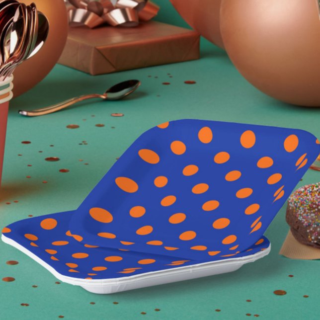 Orange On Blue Polka Dots Pattern Design  Pappteller (Von Creator hochgeladen)
