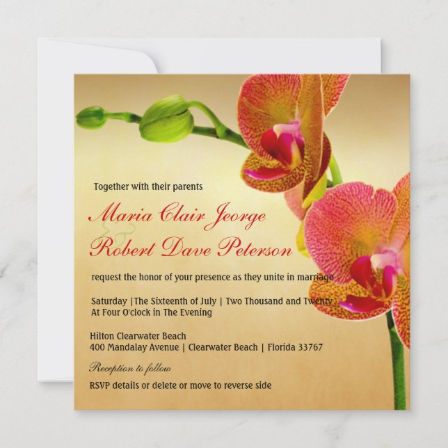 Orange Orchids Tropical Beach Hochzeit in Urlaubso Einladung (Vorderseite)
