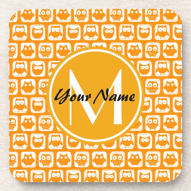 Orange Owls Custom Monogram Untersetzer (Vorderseite)