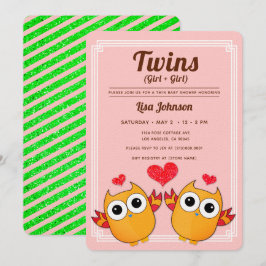 Orange Owls Twin Girls Red Stripes Babydusche Einladung