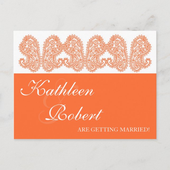 Orange Paisley Save the Date Postkarten (Vorderseite)