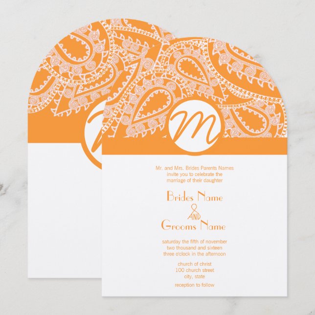 Orange Paisley Wedding Einladung (Vorne/Hinten)