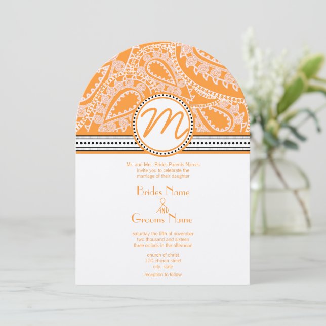 Orange Paisley Wedding Einladung mit Dots (Stehend Vorderseite)