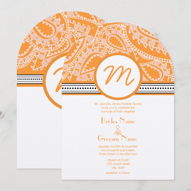 Orange Paisley Wedding Einladung mit Dots (Vorne/Hinten)