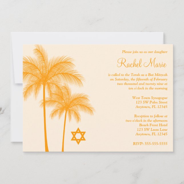Orange Palm Tree Tropical Bat Mitzvah Einladung (Vorderseite)