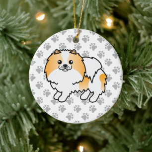Orange Parti-Color Spitz Cartoon Dog & Paws Keramik Ornament