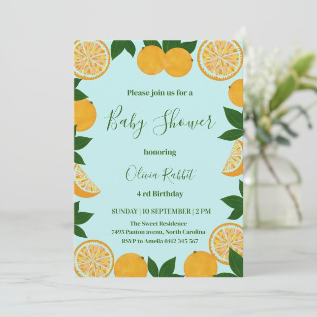 Orange Party Frucht Frische Babydusche Einladung (Stehend Vorderseite)