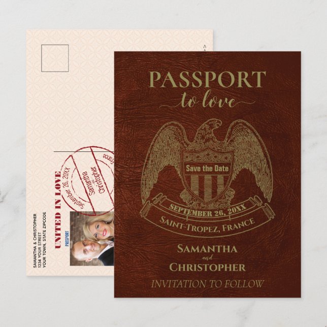 Orange Passport Niedlich Fun Wedding Save the Date Ankündigungspostkarte (Vorne/Hinten)