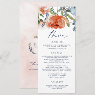 Orange Peach Dusty Blue Garden Floral Wedding Menükarte