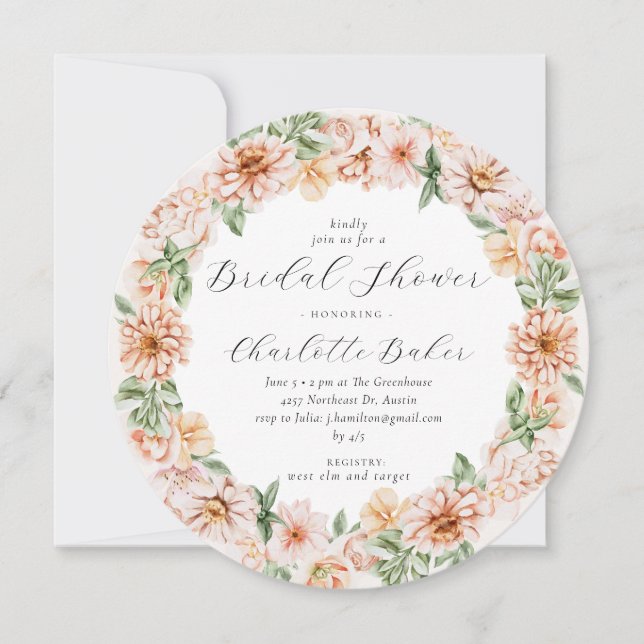 Orange Peach Floral Garden Botanisches Brautparty Einladung (Vorderseite)