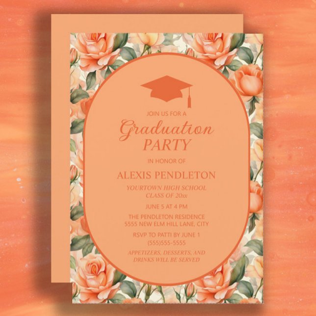 Orange Peach Floral High School Graduation Cap Einladung (Orange and peach-colored floral graduation party invitation)