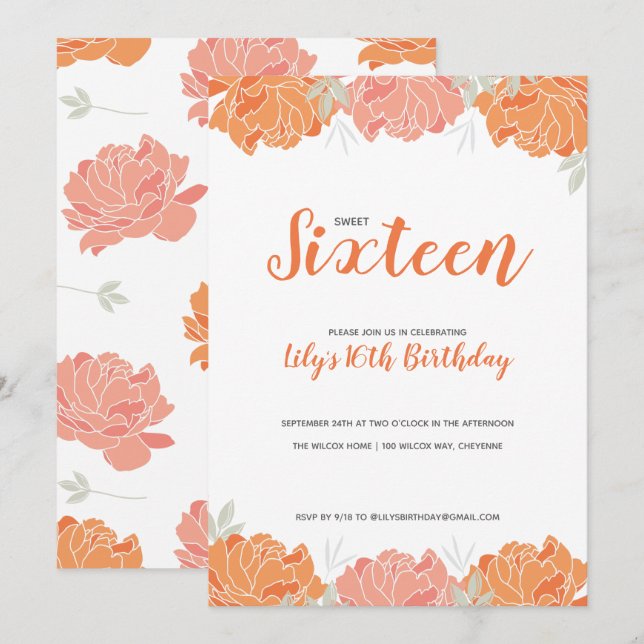 Orange & Peach Peonies Sweet 16 Birthday Party Einladung (Vorne/Hinten)