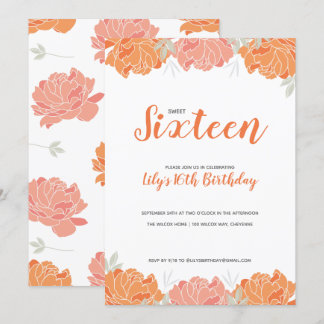 Orange & Peach Peonies Sweet 16 Birthday Party Einladung