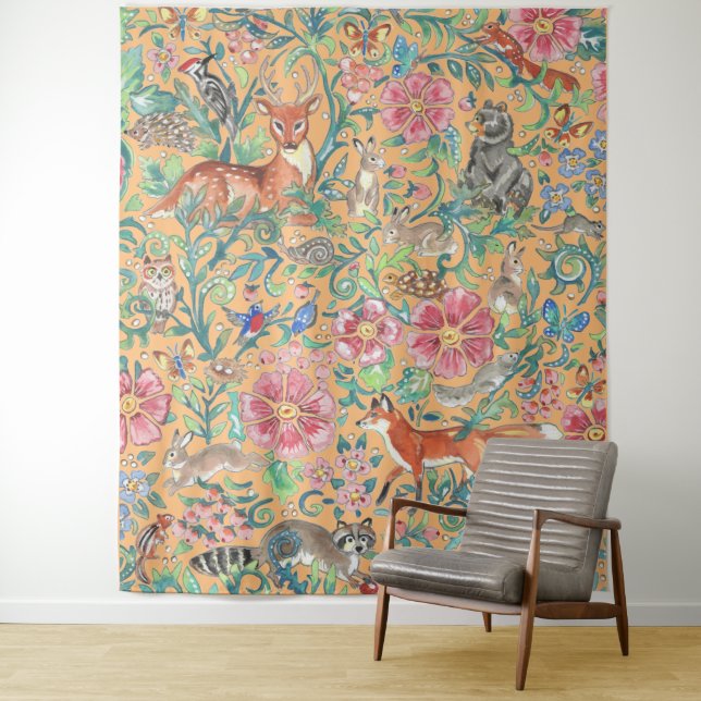 Orange Peach Woodland Animal Dex Fox Rabbit Groß Wandteppich (Beispiel)