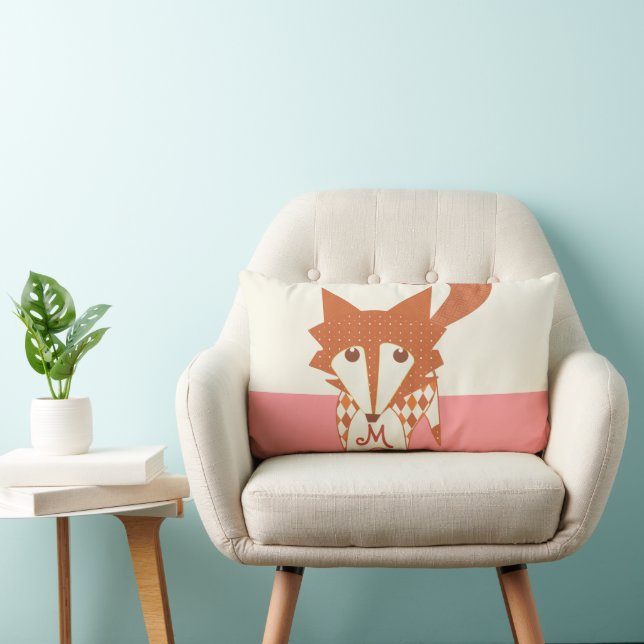 Orange Peachy Pink Monogram Stylisierte Fox Pilow Lendenkissen (Stuhl )