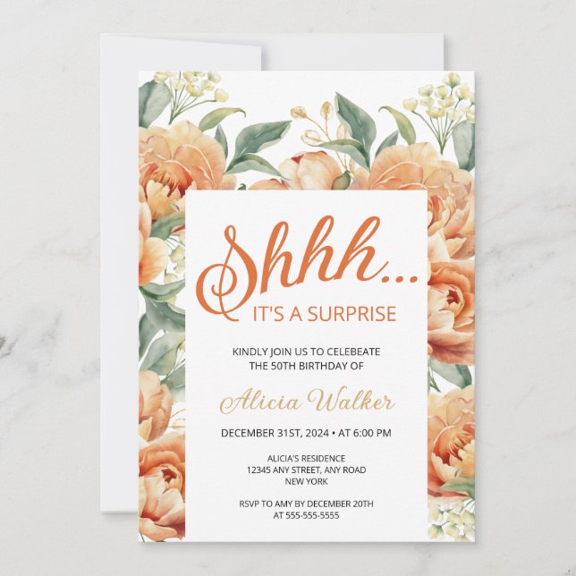 Orange Peony Floral Überraschung Geburtstag Einladung (Vorderseite)