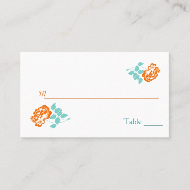Orange Peony on White mit türkisfarbenen Plateaus Platzkarte (Vorderseite)