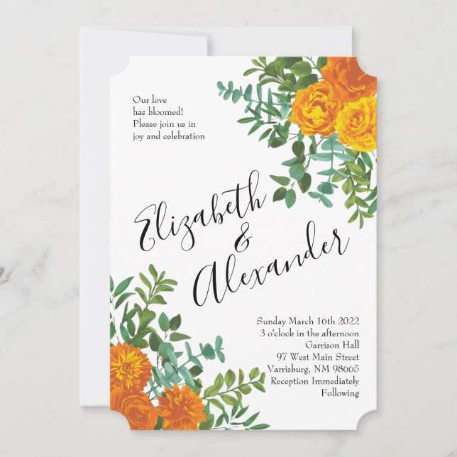 Orange Peony & Rose Floral Wedding Einladung (Vorderseite)