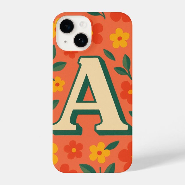 "Orange Phone Case with Bold ‘A’ & Floral Design  iPhone 14 Hülle (Rückseite)