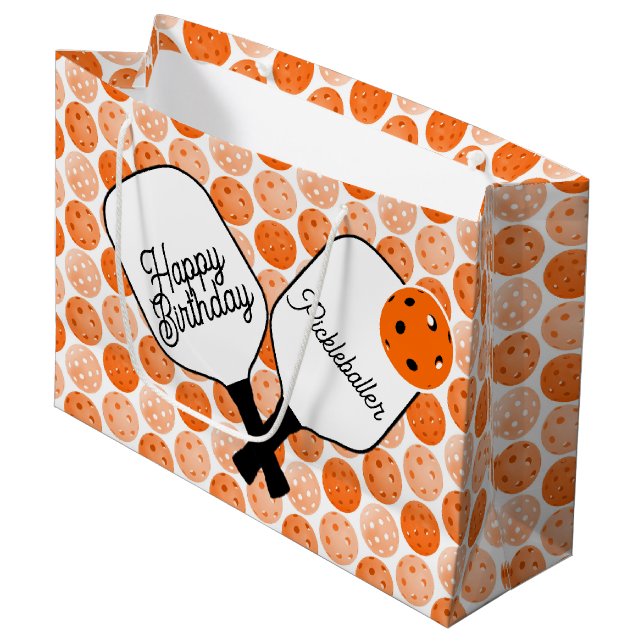Orange Pickleballs und Paddles Personalisiertes Pa Große Geschenktüte (Vorderseite Schrägansicht)