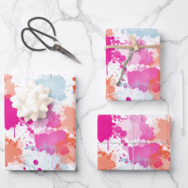 Orange Pink Blue Abstrakt Modern Paint Splash Geschenkpapier Set