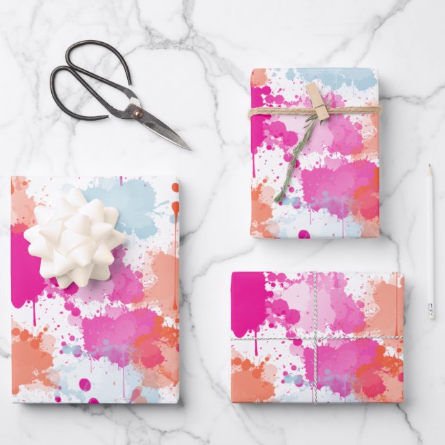 Orange Pink Blue Abstrakt Modern Paint Splash Geschenkpapier Set (Vorderseite)