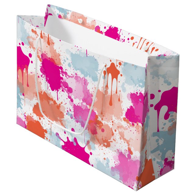 Orange Pink Blue Abstrakt Modern Paint Splash Große Geschenktüte (Vorderseite Schrägansicht)