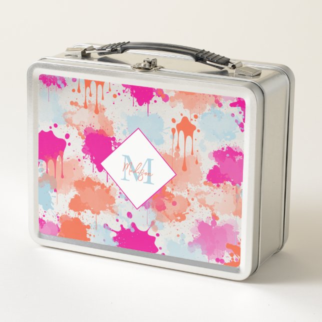 Orange Pink Blue Abstrakt Modern Paint Splash Metall Brotdose (Vorderseite)
