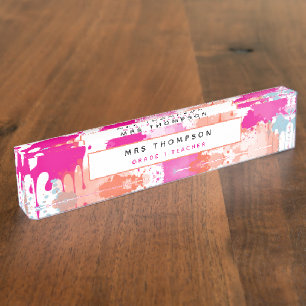 Orange Pink Blue Abstrakt Modern Paint Splash Namensplakette