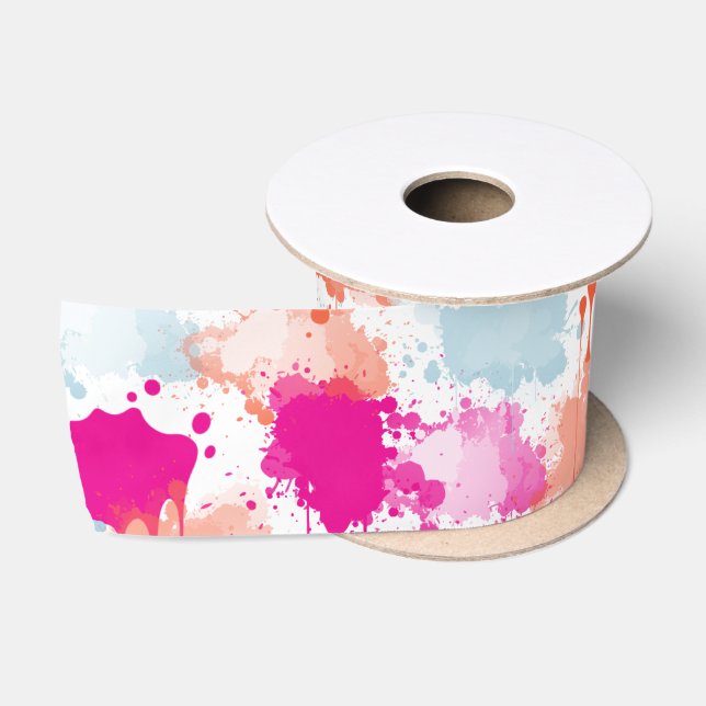 Orange Pink Blue Abstrakt Modern Paint Splash Satinband (Spule)