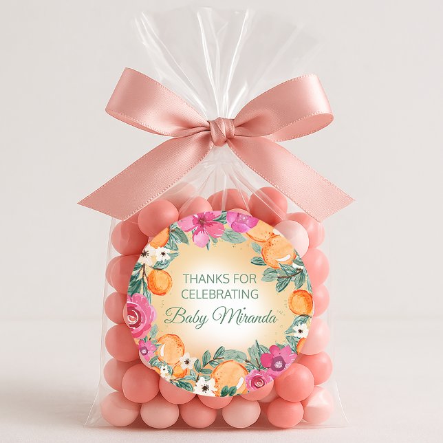 Orange Pink Boy Girl Citrus Fruit Baby Dusche Runder Aufkleber (Oranges and pink flowers "LIttle Cutie" baby shower sticker)
